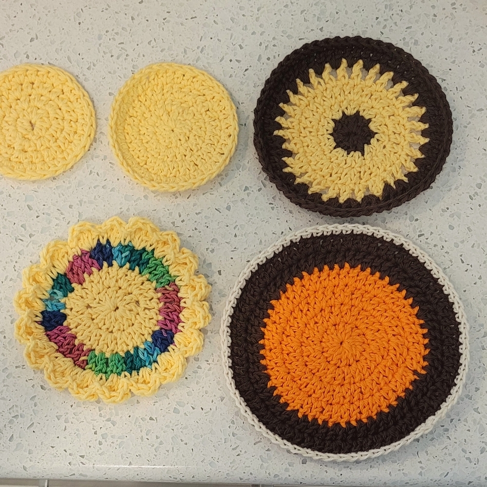 Handmade Crochet Dish Or Washcloths With Coasters. Fall Colors, 100% Cotton